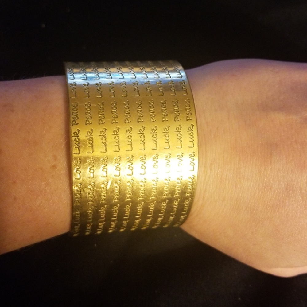 Love, Luck, Peace gold bracelet cuff